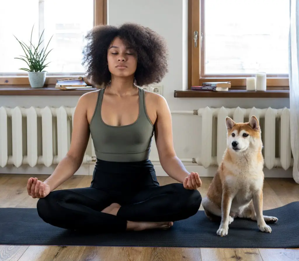 Lady doing meditation and yoga with her dog