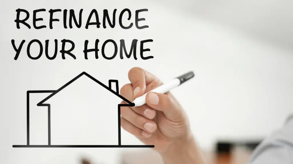 Drawing the words refinance your home with an outline of a home drawn with marker.