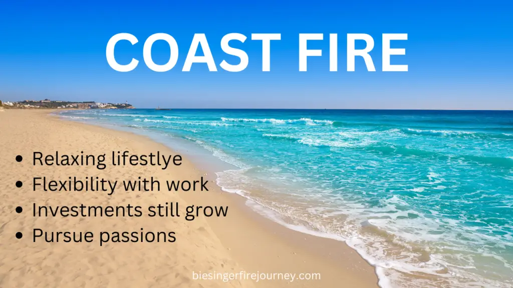Ocean and beach with words "COAST FIRE, relaxing lifestlye, flexibility, investments still grow, puruse passions"