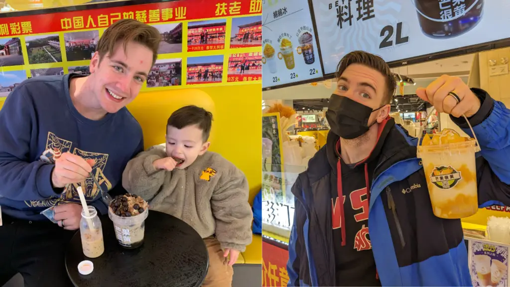 Eating delicious desserts in China such as shaved mango ice and milk boba tea