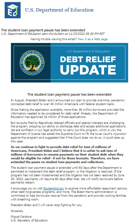 Debt relief approval email